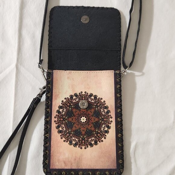 Women's Mandala Print Small Snap Close Vegan Leather Crossbody Cell Phone Bag - Picture 5 of 13